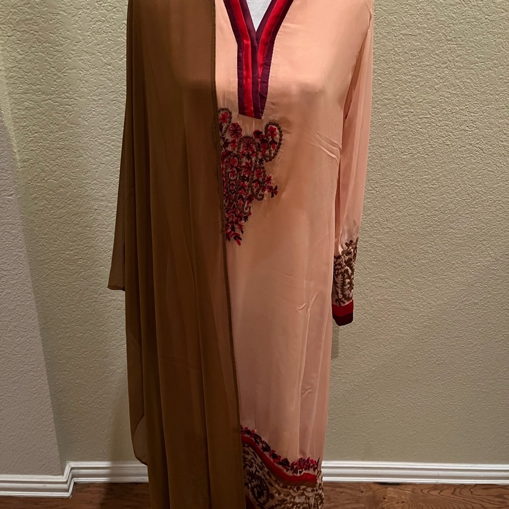 Peach & Brown Soft Georgette 2-Piece Suit